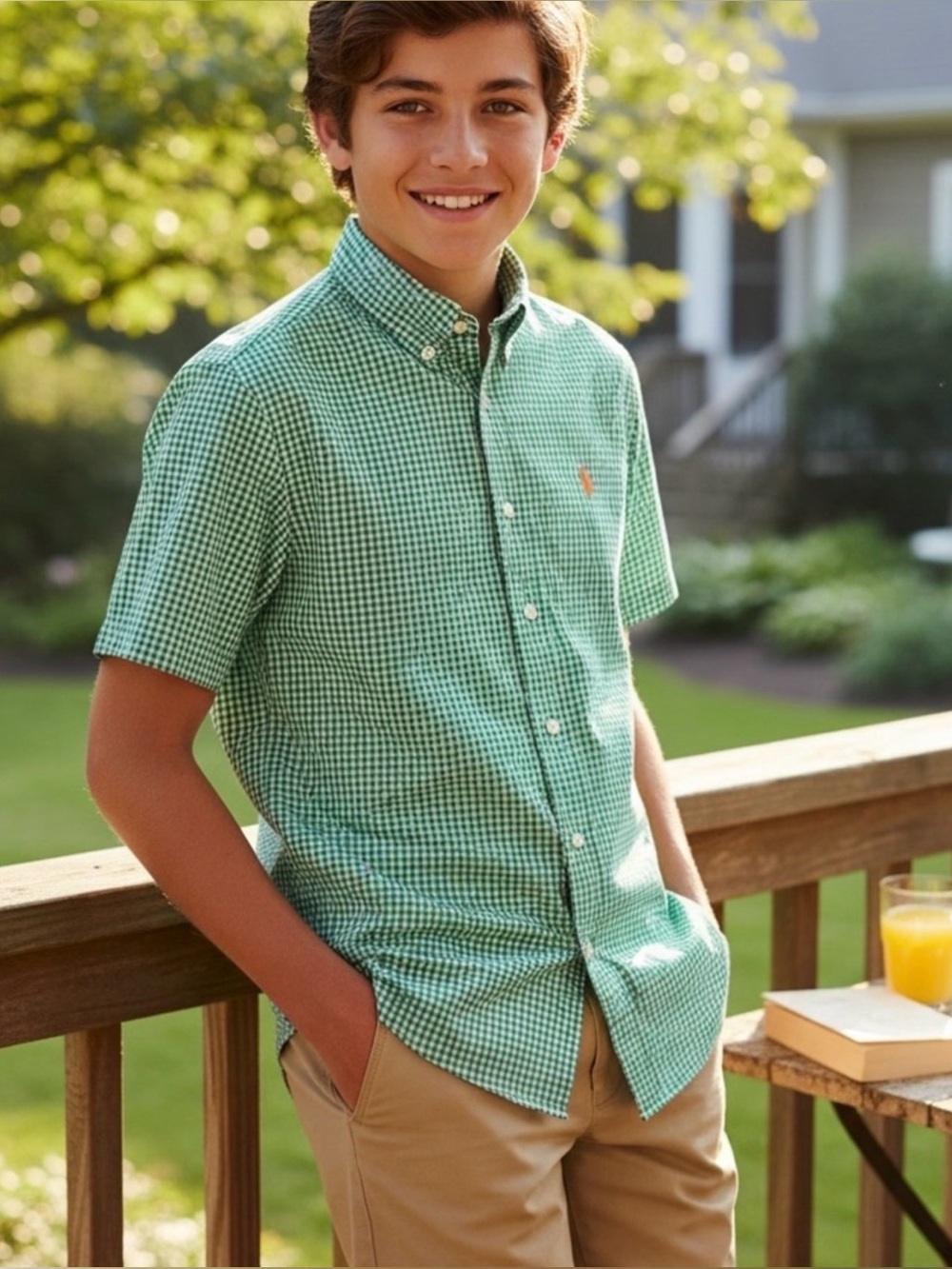 Ralph Lauren Green Gingham Short-Sleeve Button-Down Shirt